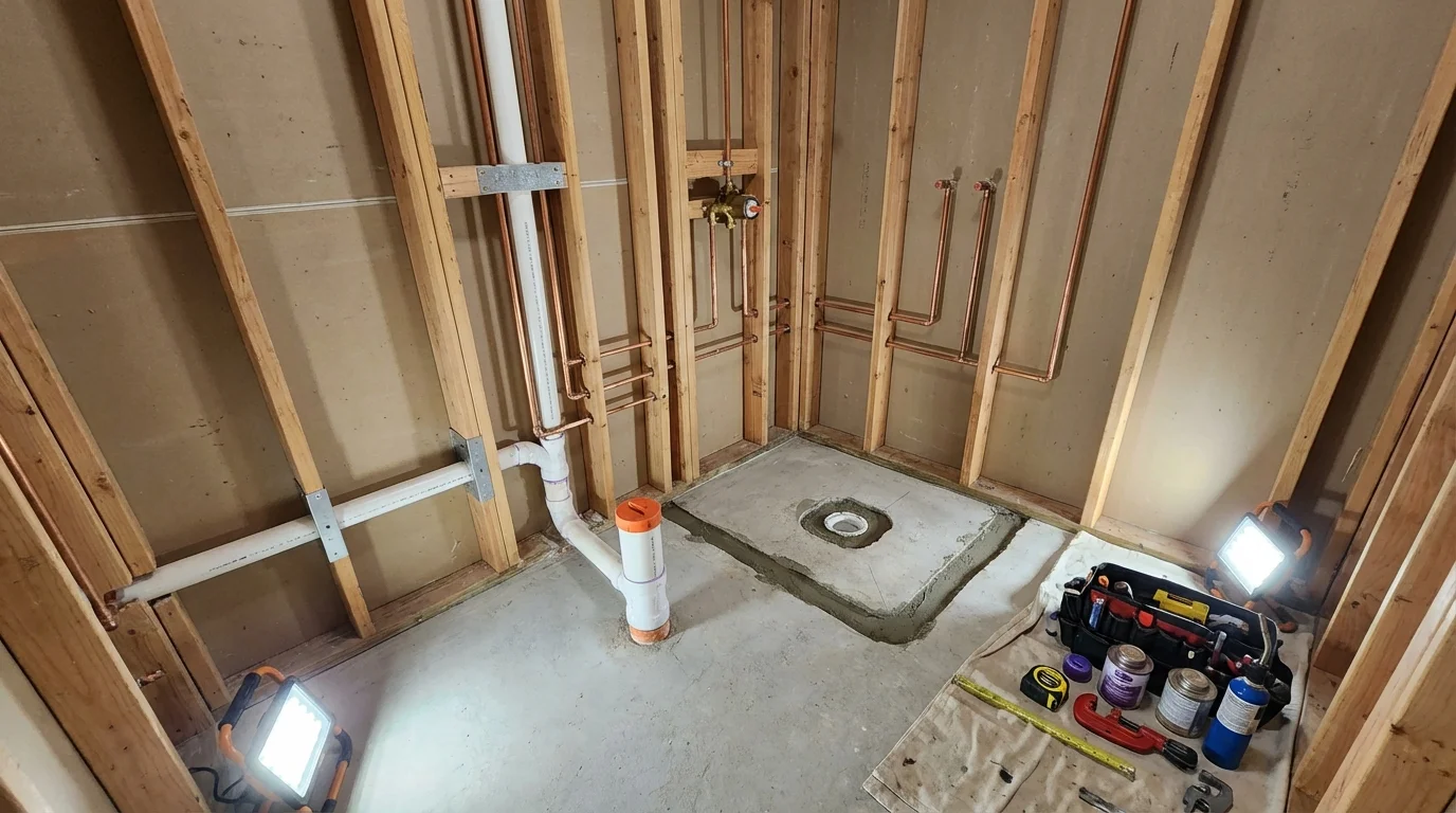 Bathroom rough-in plumbing during remodel by Johns Plumbing LLC in Hinton