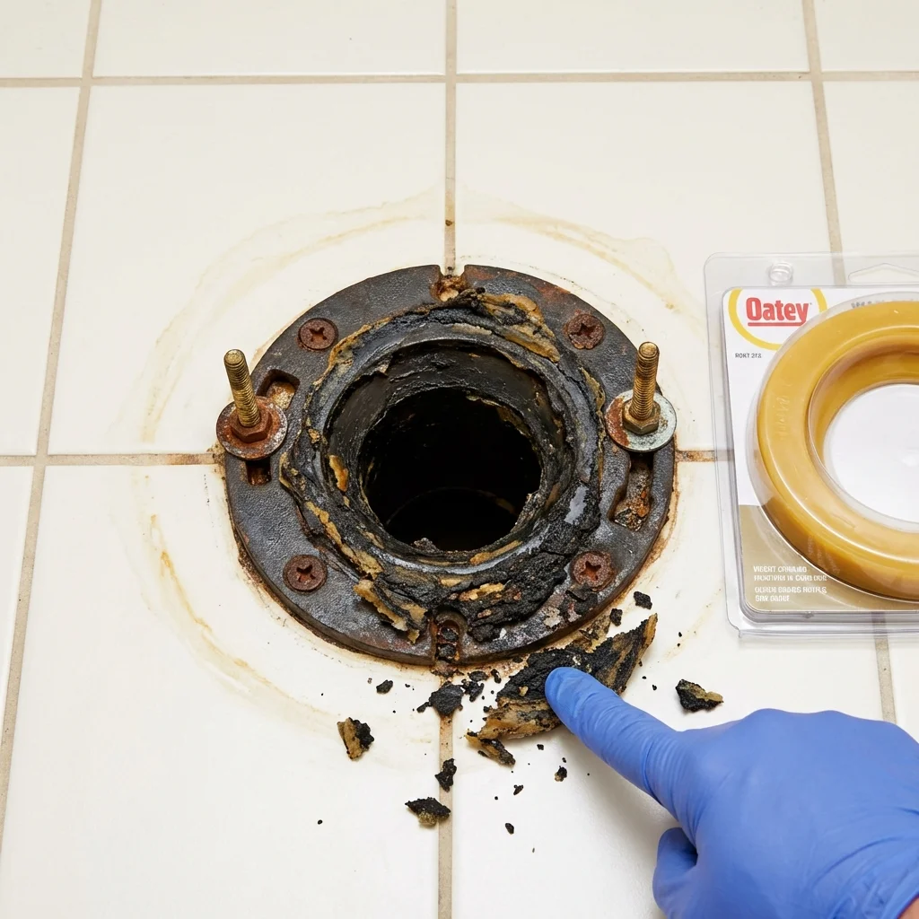 Failed wax ring showing water seepage at the base of a toilet in a Hinton, WV home