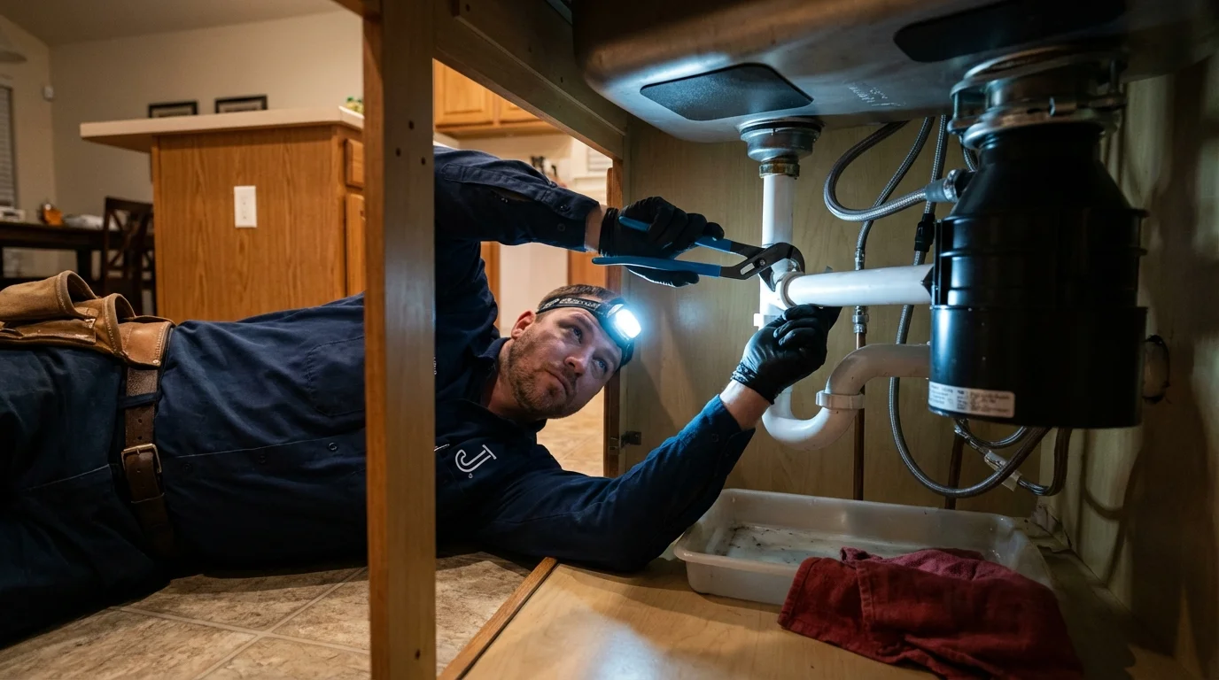 P-trap and supply line connections under a kitchen sink showing a common leak point in Hinton, WV